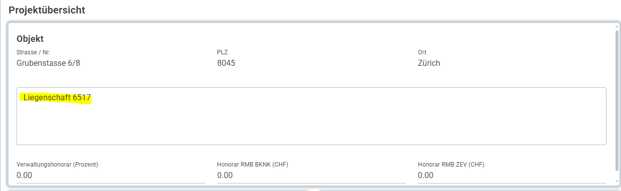 Objektdetails in den Projektinformationen